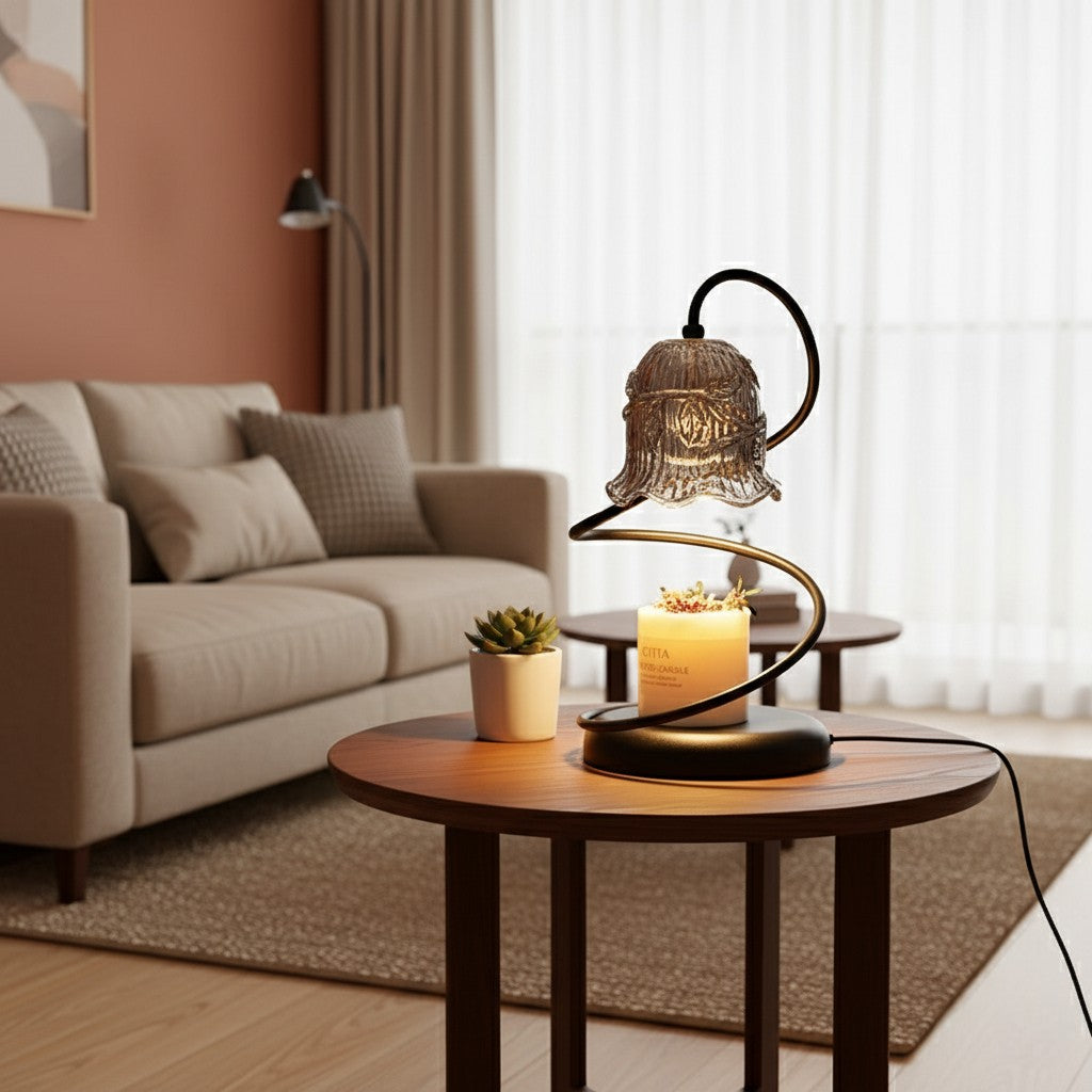 Decorative table lamp with candle on a wooden side table in a living room.