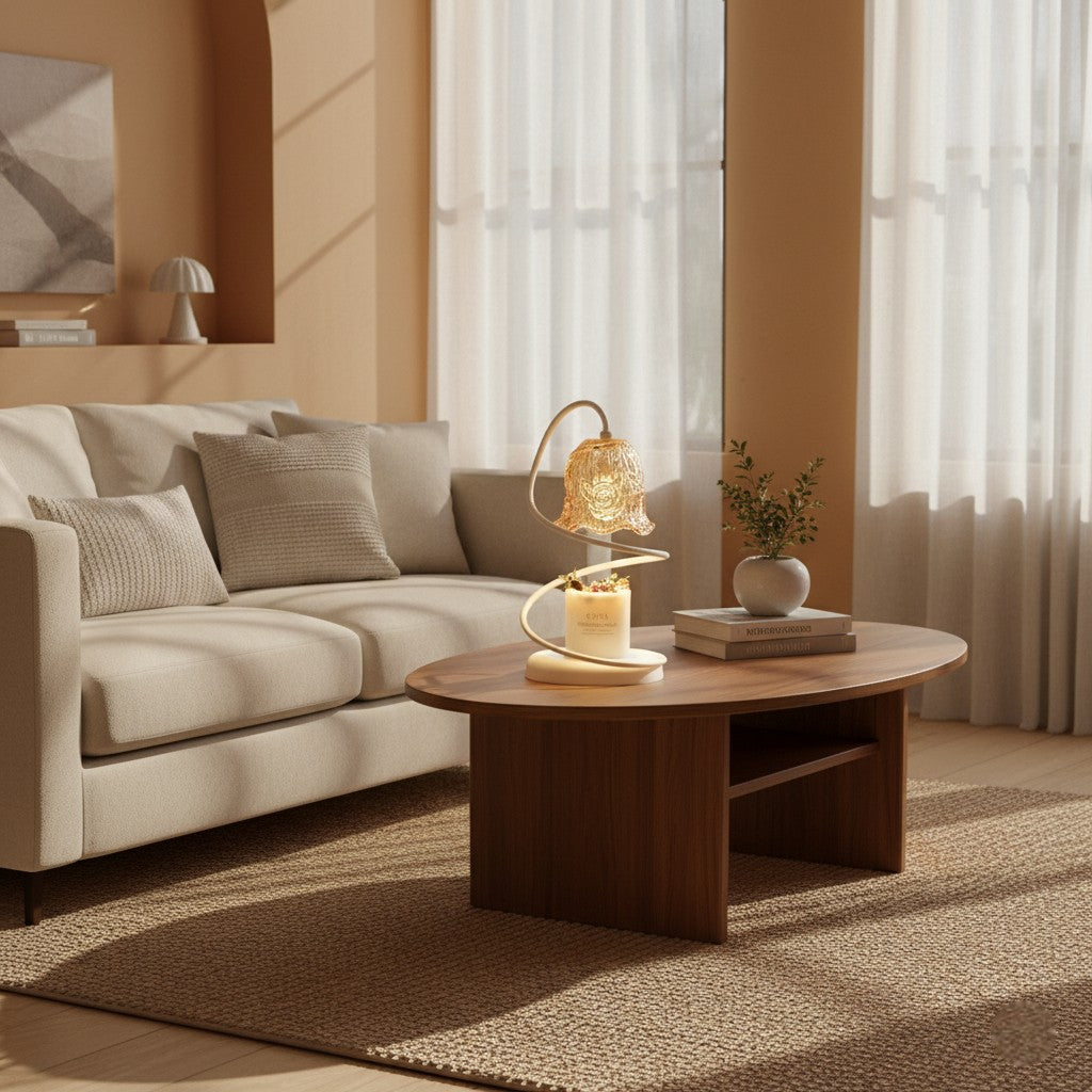Modern living room with a beige sofa, wooden coffee table, and decorative items.