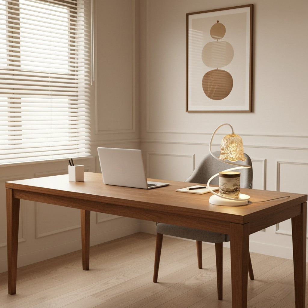 Wooden desk with laptop, lamp, and mug in a home office setting