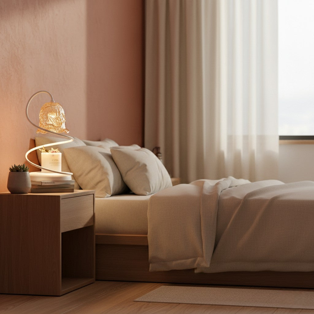 Cozy bedroom with a bed, nightstand, and lamp.