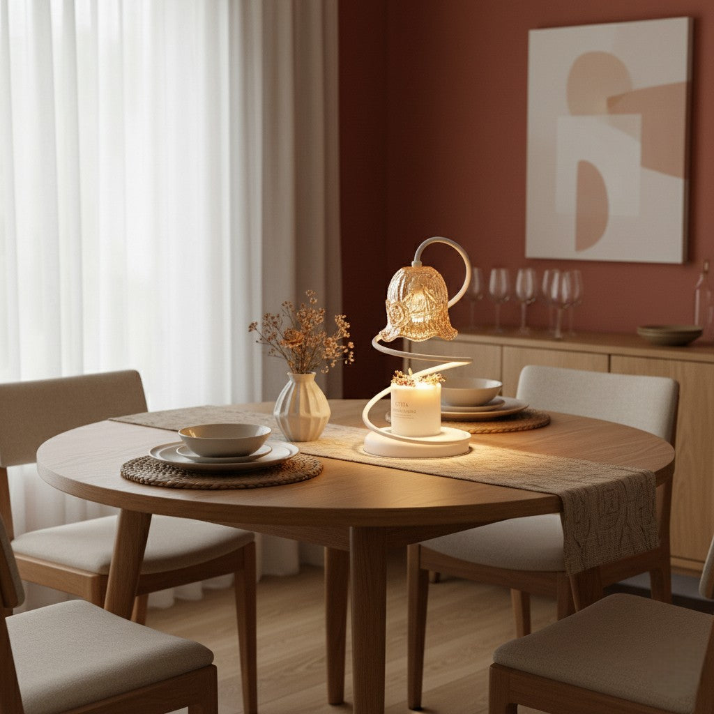 Dining room with a round wooden table, chairs, and decorative elements.