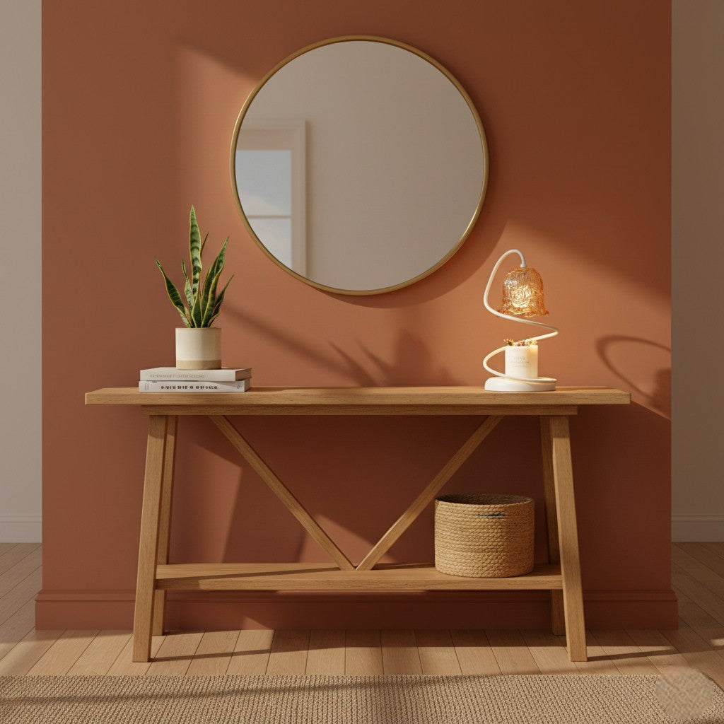 Wooden console table with decorative items against a red wall