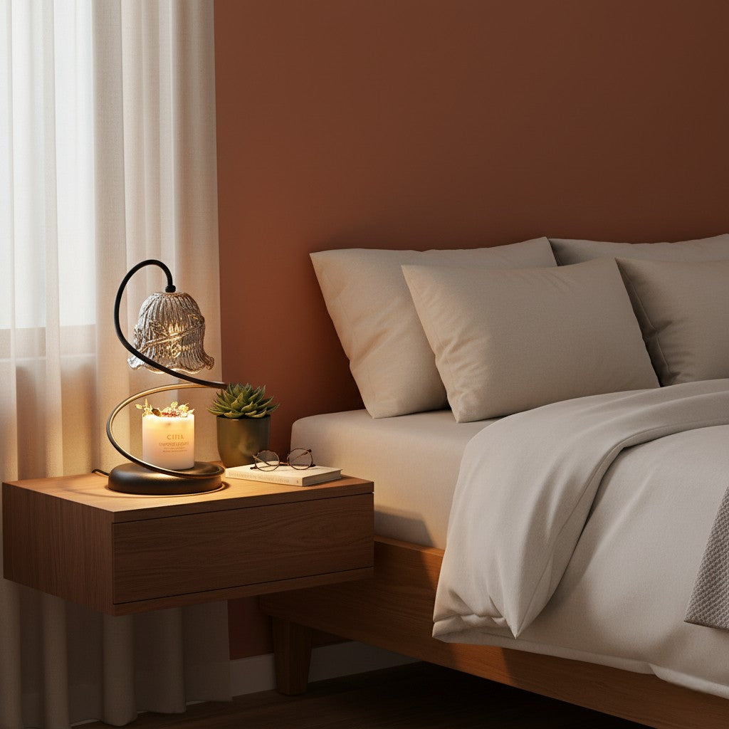 Cozy bedroom with a lit candle on a nightstand and soft lighting.