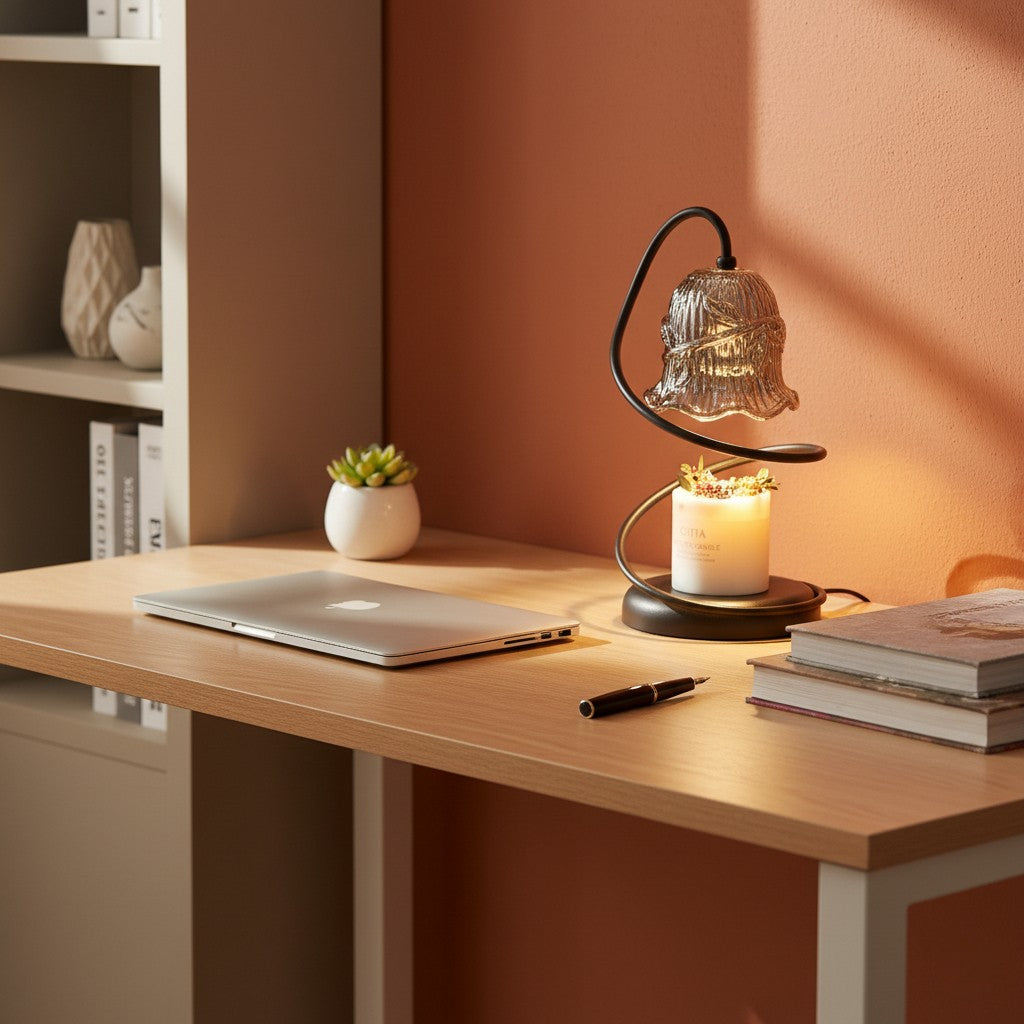 Laptop on a wooden desk with a decorative lamp, books, and a small plant in a warm room.