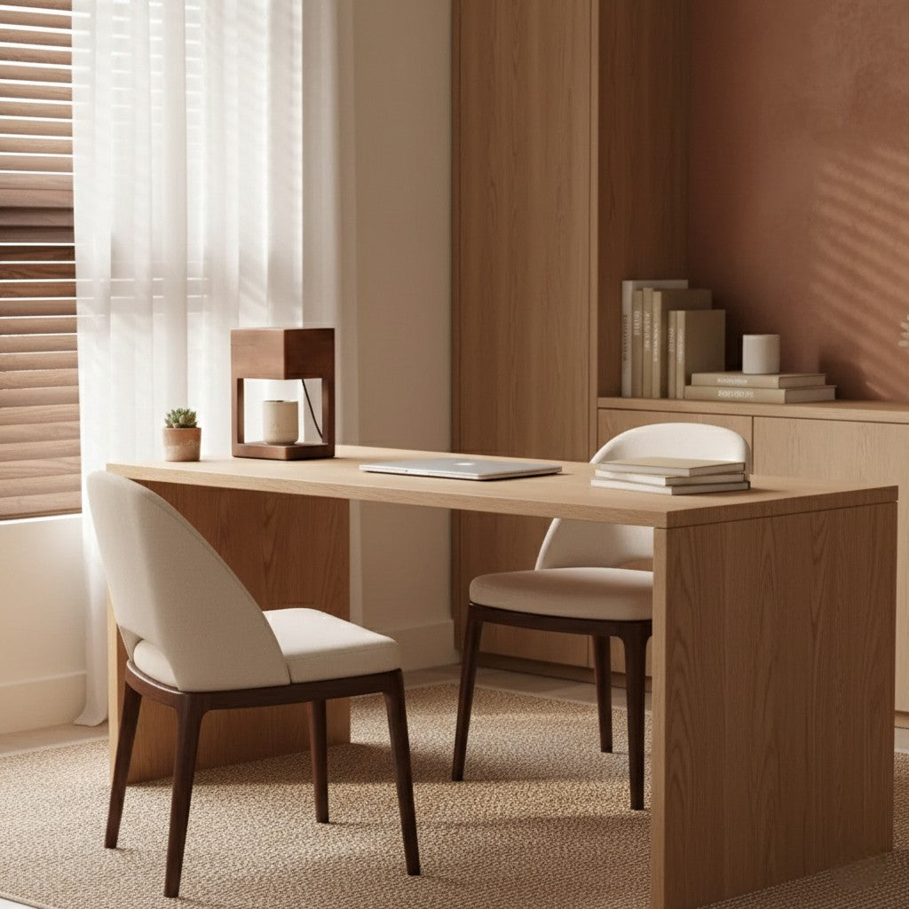 Modern home office with wooden desk, chairs, and decor.