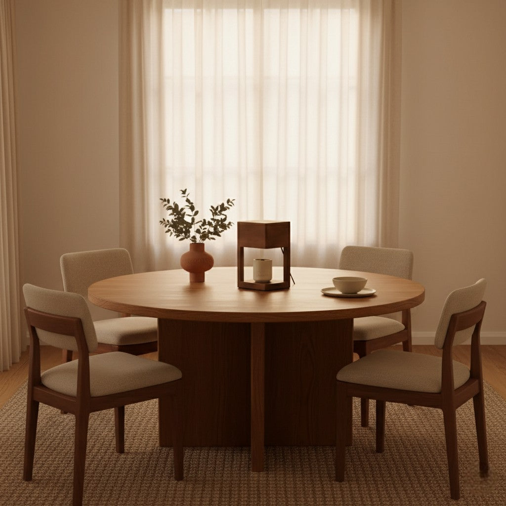 Dining room with a round wooden table and four chairs in a softly lit room.