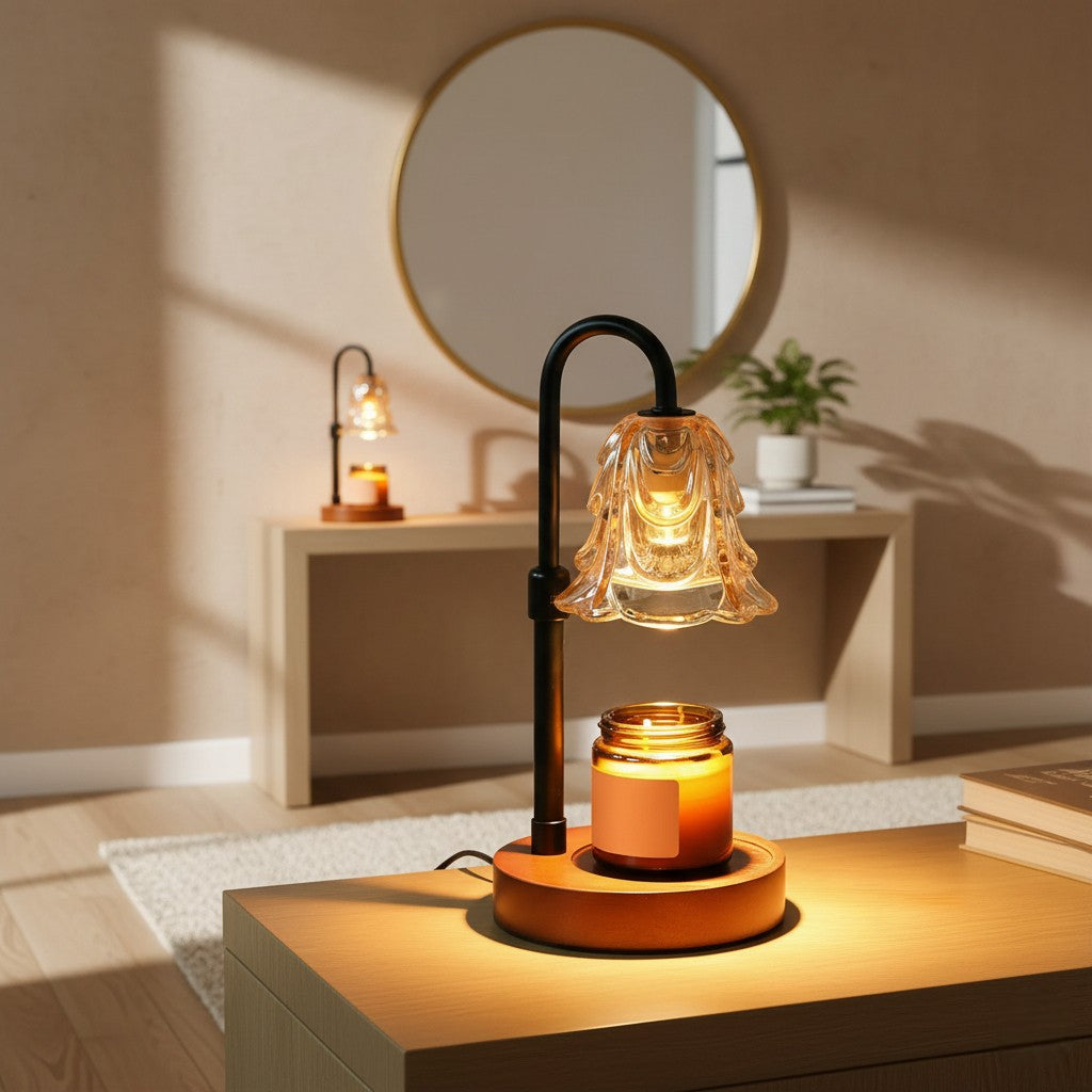 Decorative table lamp with a warm glow on a wooden surface, with a mirror and plant in the background.