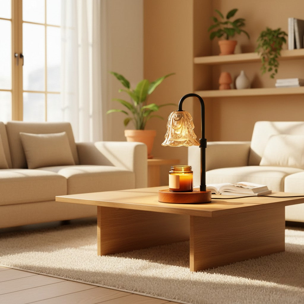 Modern living room with a wooden coffee table, lamp, and books.