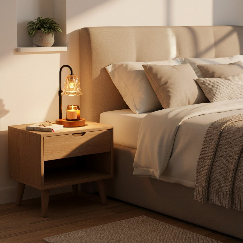 Cozy bedroom with a bed and nightstand featuring a lamp and candle.