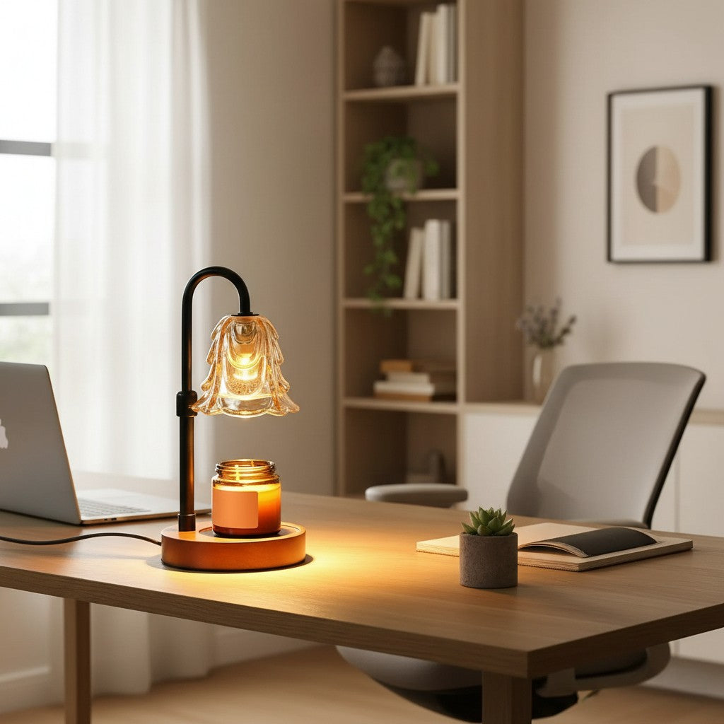 Desk with a lamp, laptop, and books in a home office setting