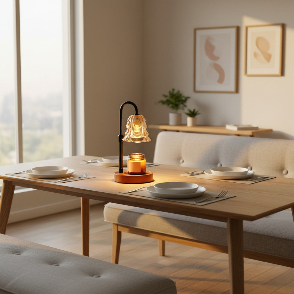 Dining table set with a lamp and candles in a cozy living room.