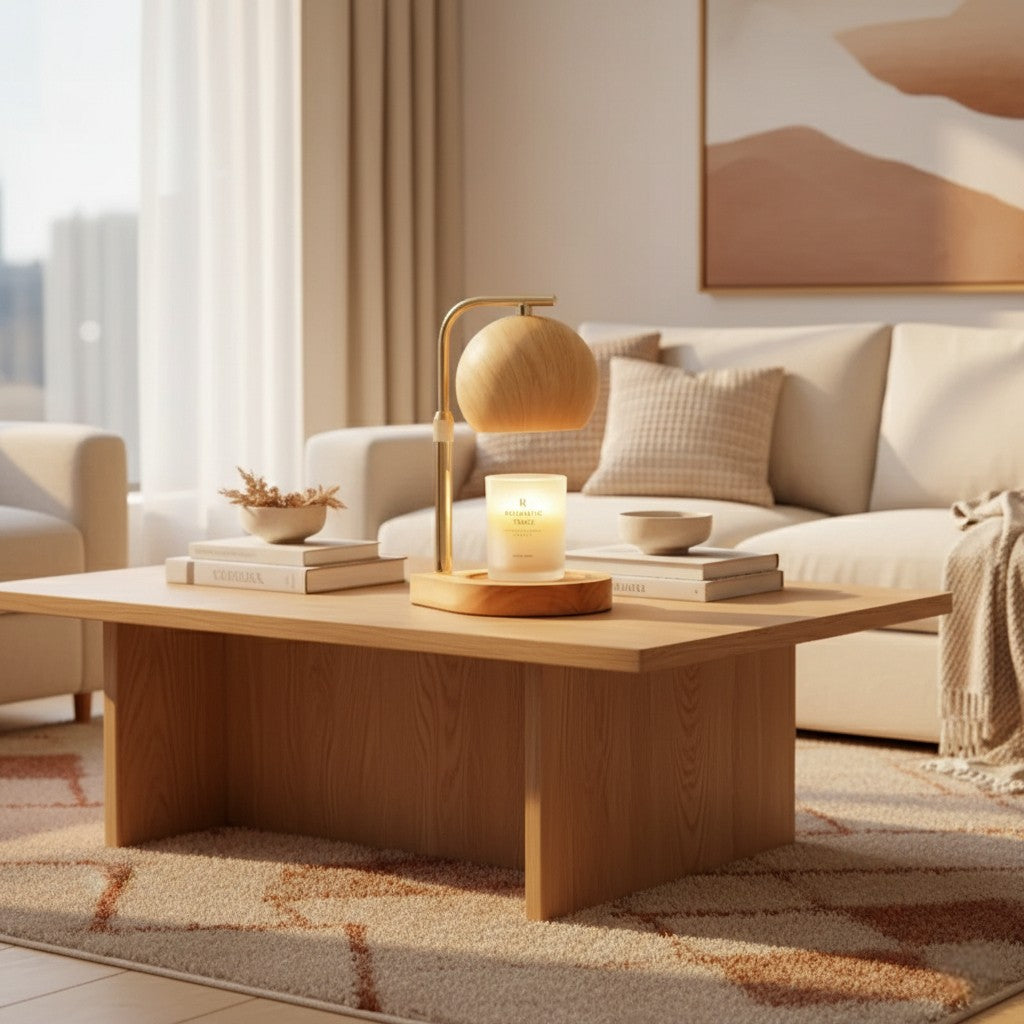 Cozy living room with a wooden coffee table, lamp, and books.