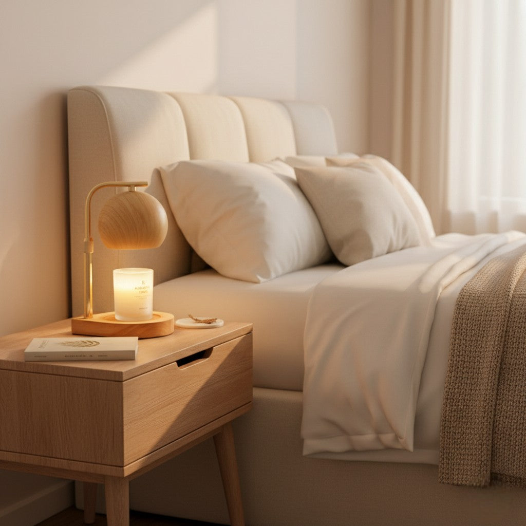 Neatly made bed with pillows, a nightstand with a lamp and candle, and a soft light in a bedroom.