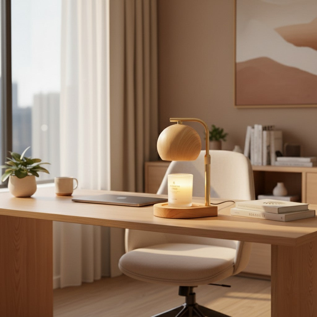 Modern home office with wooden desk, chair, lamp, and decor.