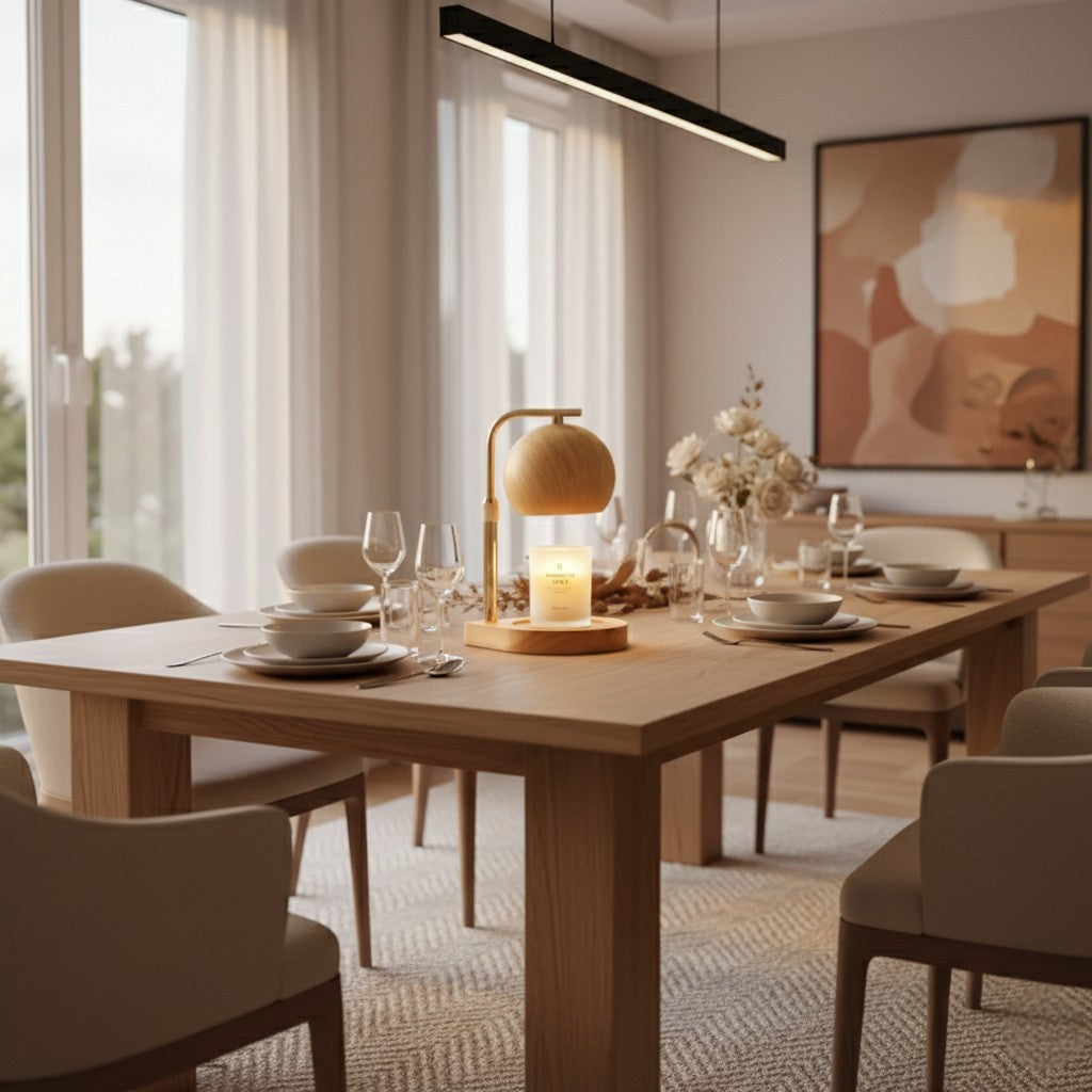 Dining room with a wooden table set for a meal, featuring a lamp and candles.