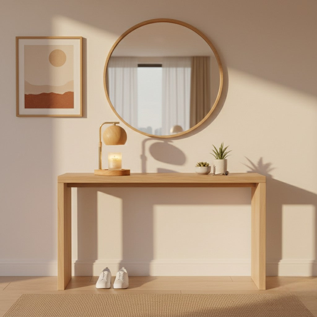 Wooden console table with mirror, lamp, and decor items in a room.