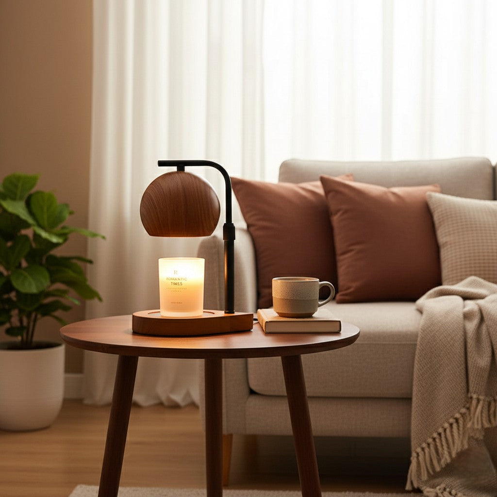 Cozy living room with a small table holding a lamp and candle, next to a sofa with pillows and a plant.