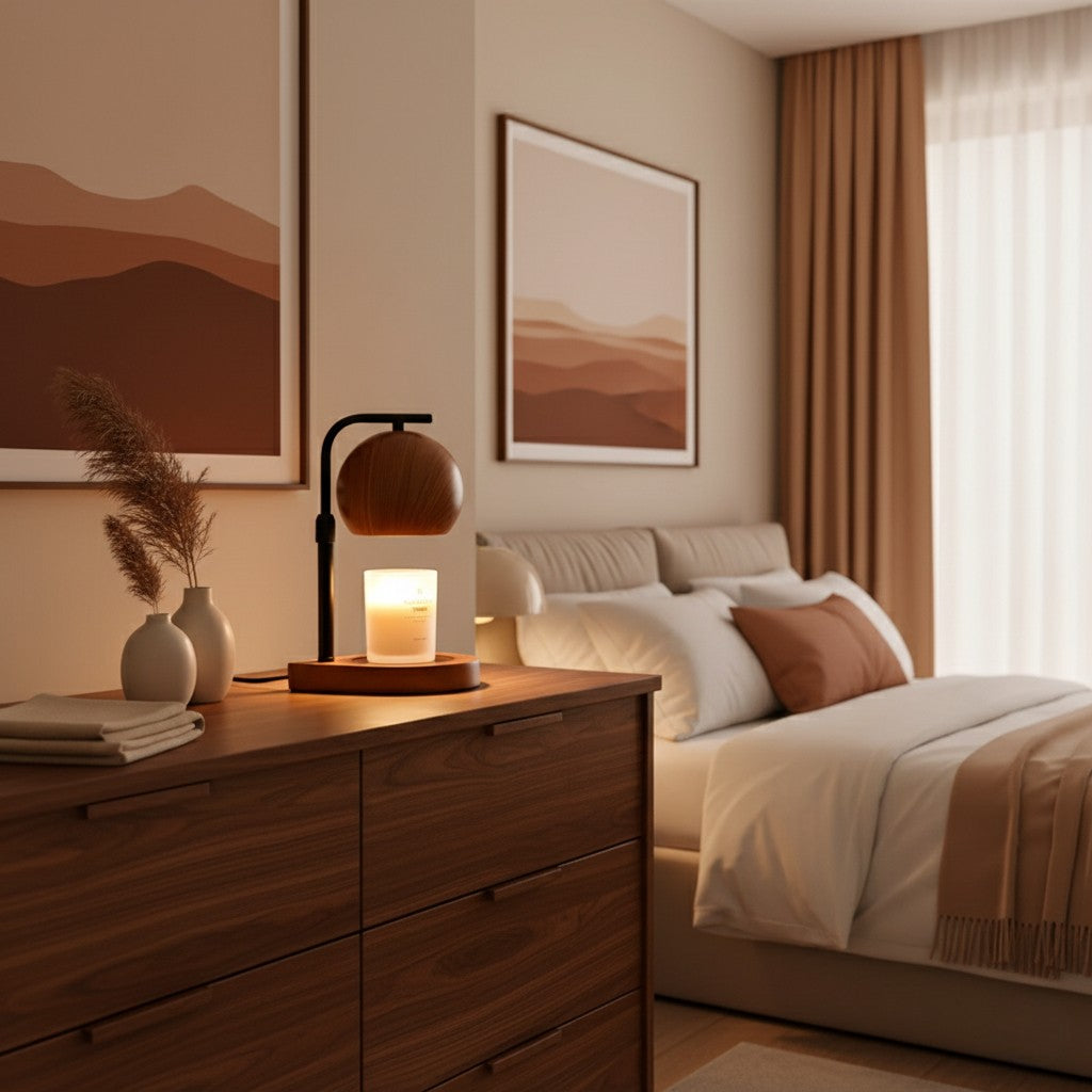 Cozy bedroom with wooden dresser, lit candle, and framed landscape art.