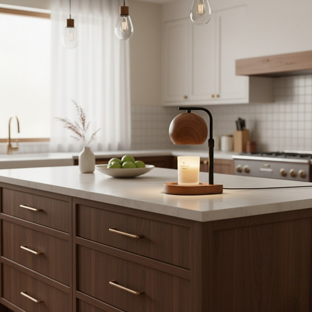 Modern kitchen with wooden island, pendant lights, and a candle.