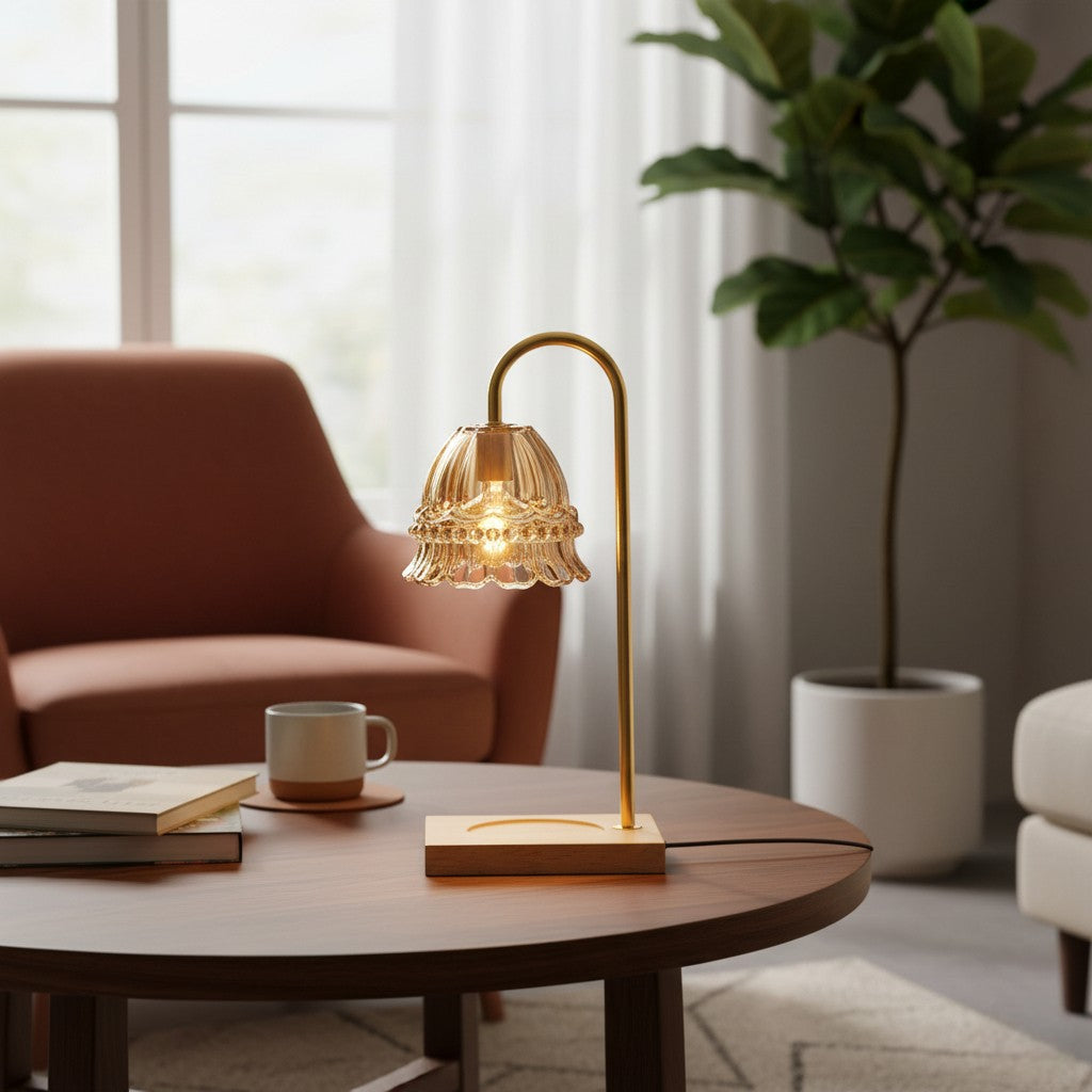 Decorative table lamp on a wooden table with a cozy living room setting.