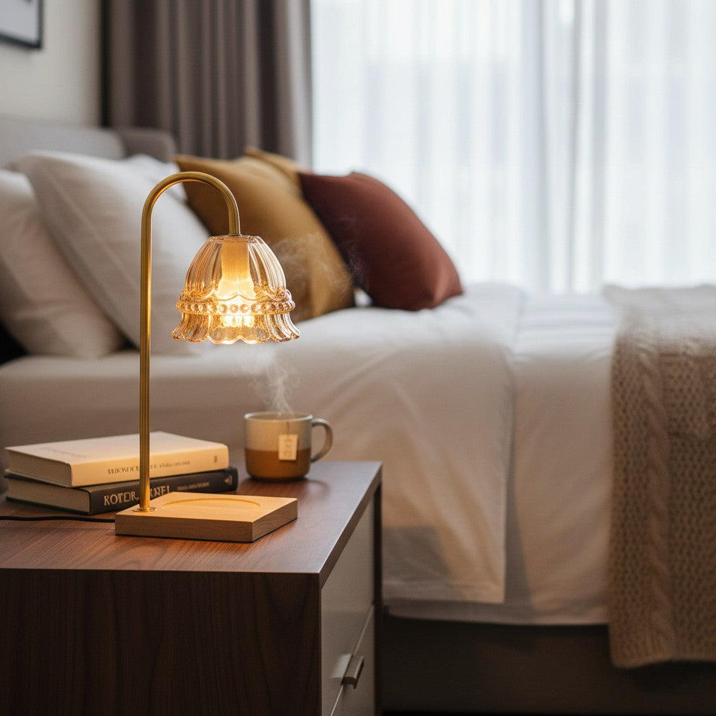 Decorative lamp on a nightstand next to a bed with books and a mug.