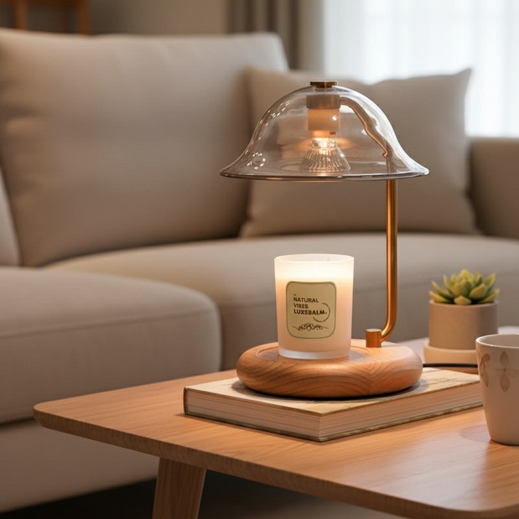 Decorative lamp with a candle on a wooden table in a living room setting