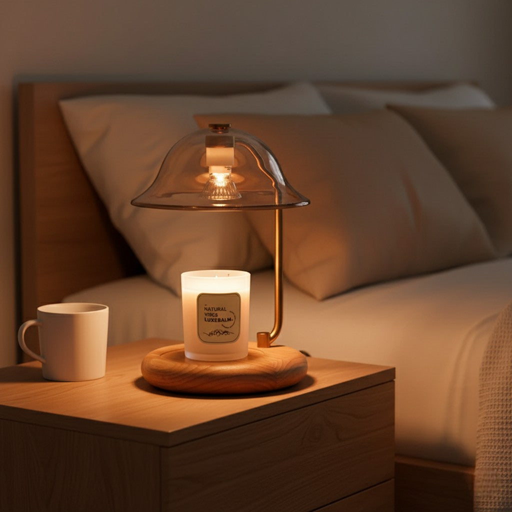 Candle and lamp on a bedside table with a bed in the background
