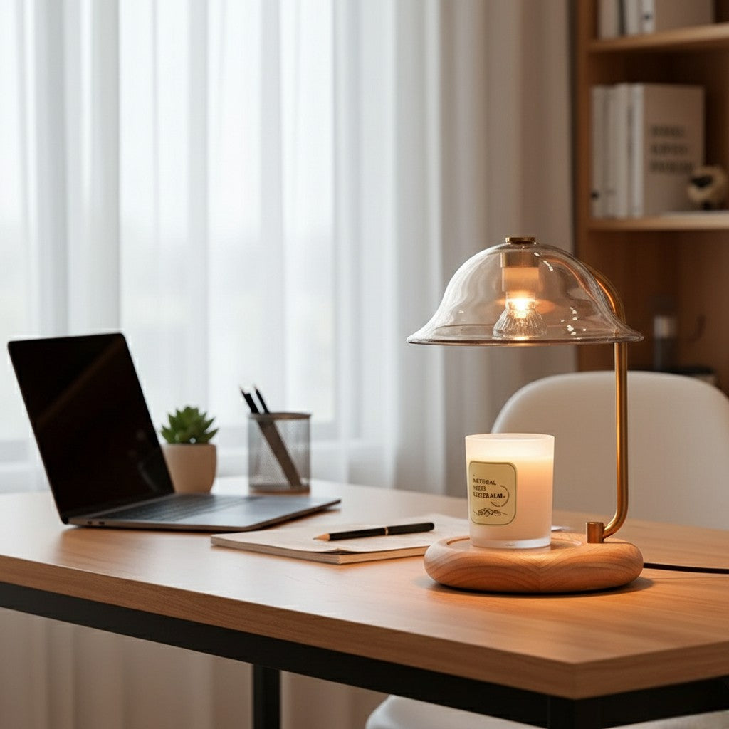 Laptop on a desk with a lamp and candle in a home office setting