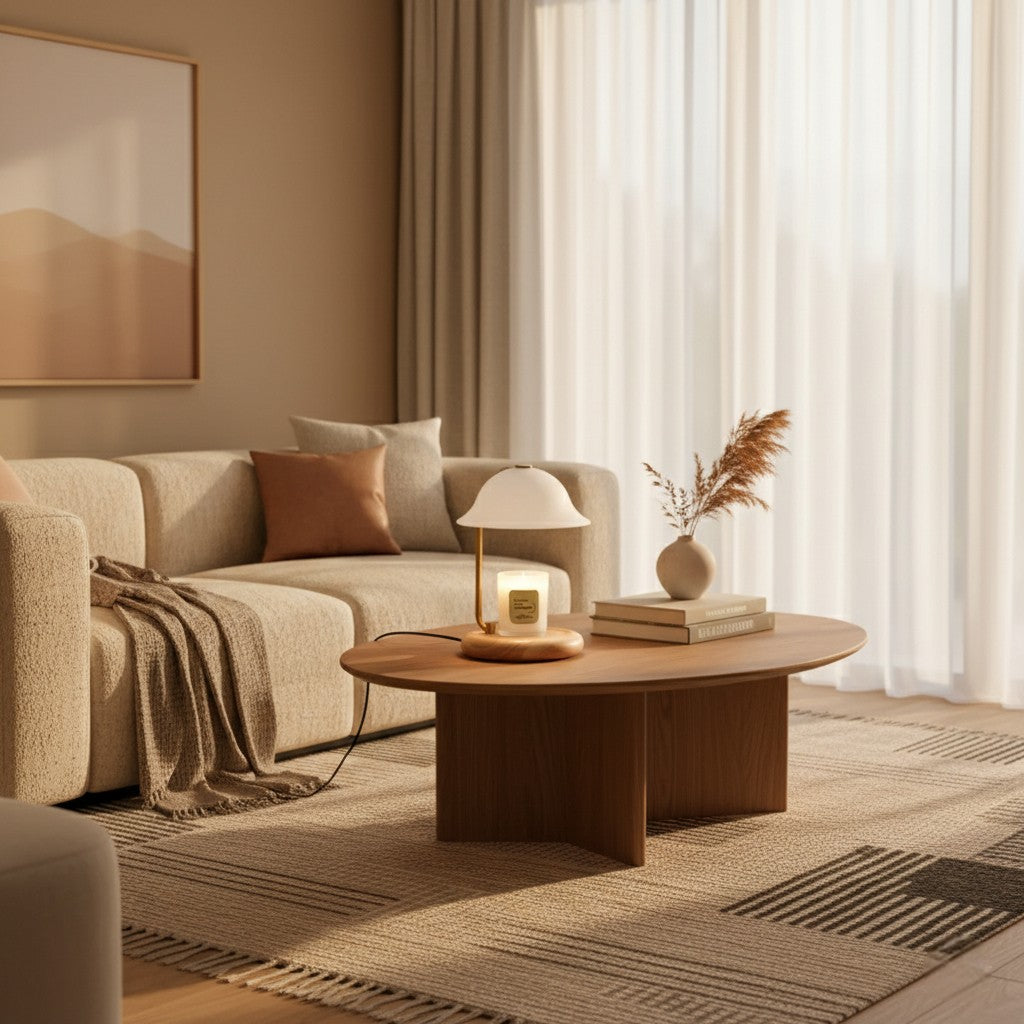 Modern living room with a beige sofa, wooden coffee table, and large windows.