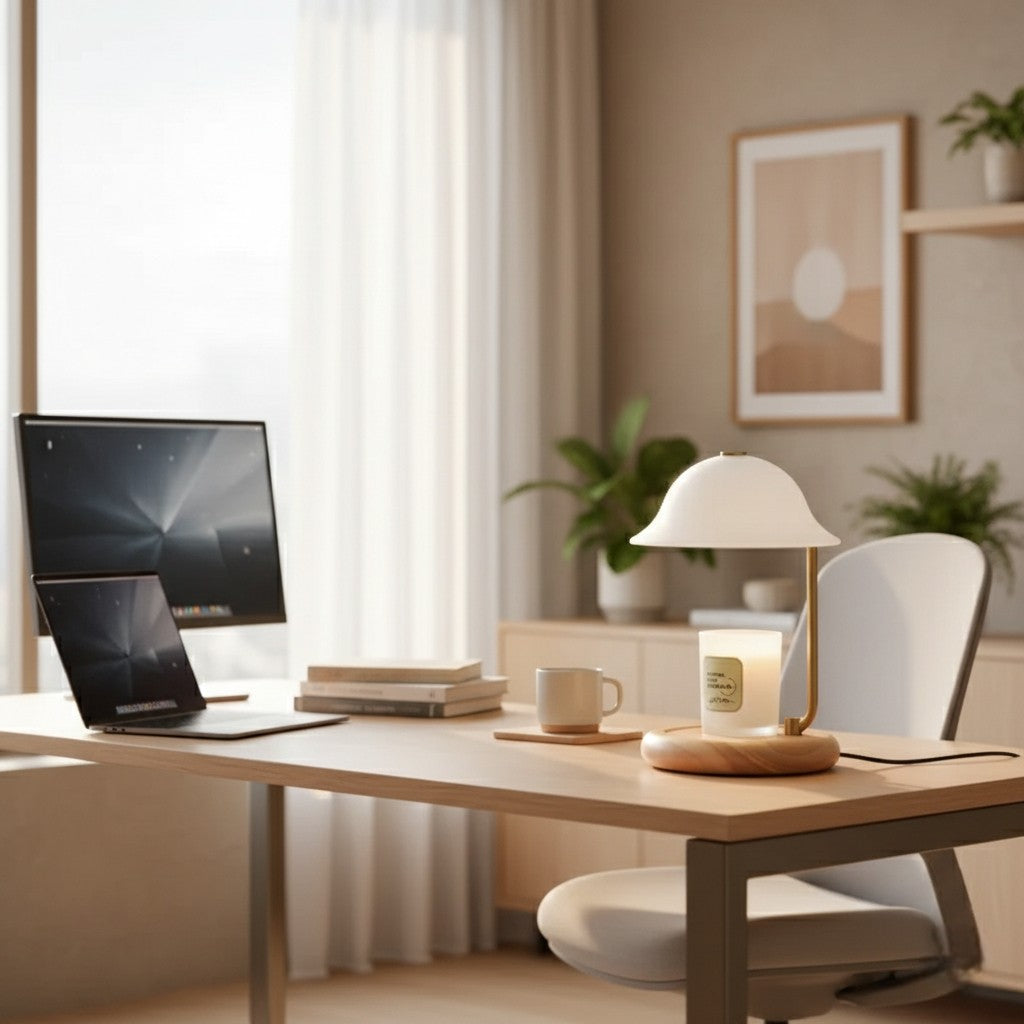 Modern home office with a desk, computer setup, and decorative items.