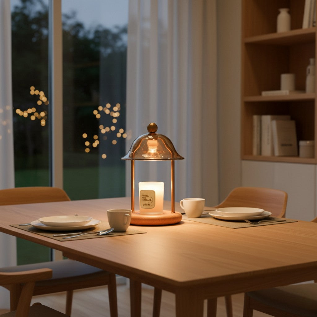 Dining table setting with a lit candle in a decorative lantern, surrounded by chairs and tableware.