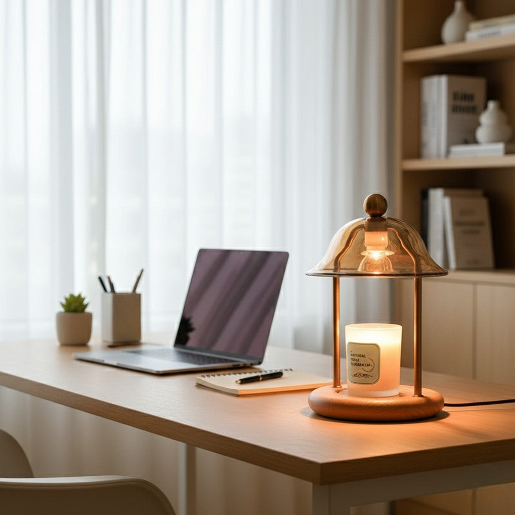 Desk setup with a laptop, candle, and pen holder in a home office setting.