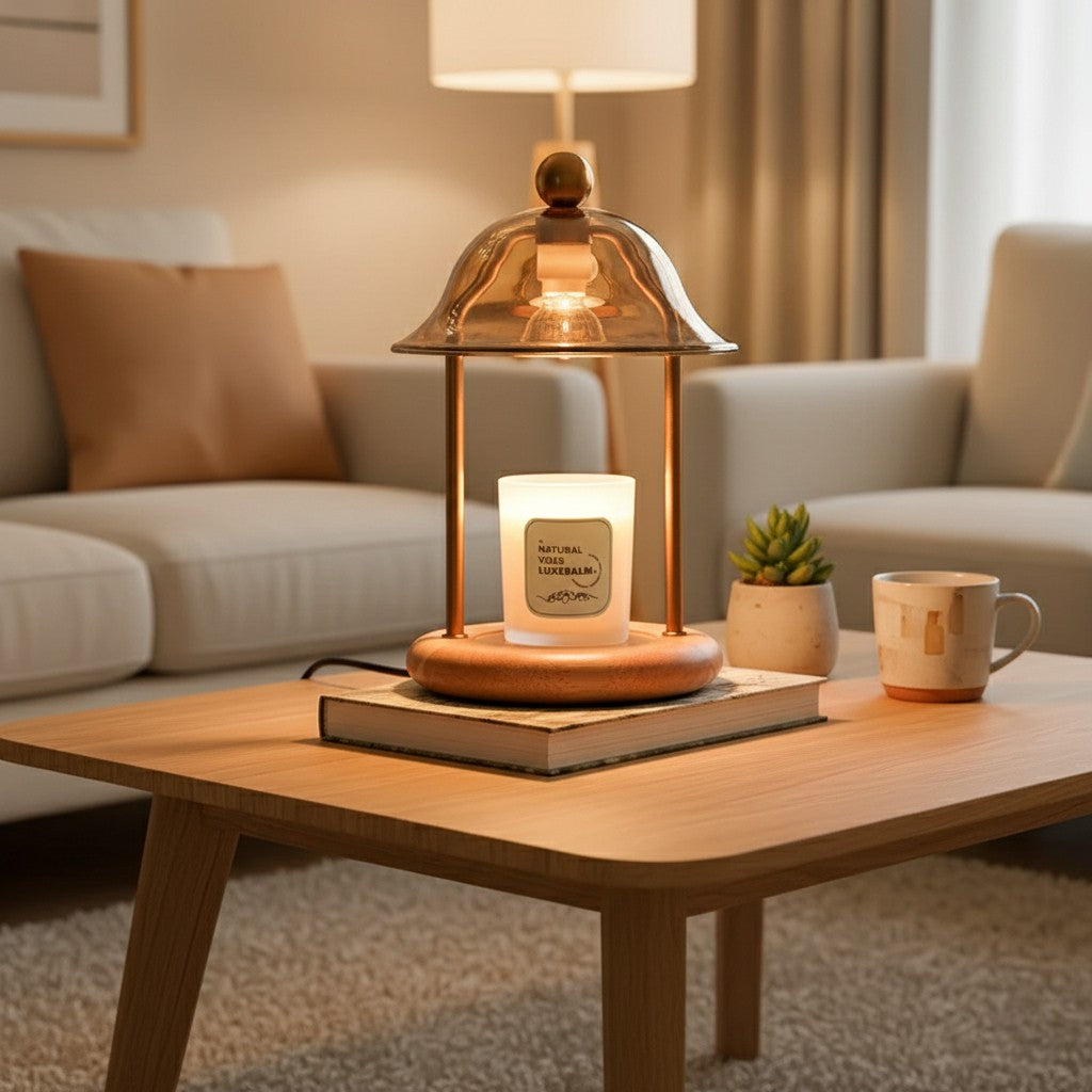 Wooden lantern with candle on a coffee table in a cozy living room.