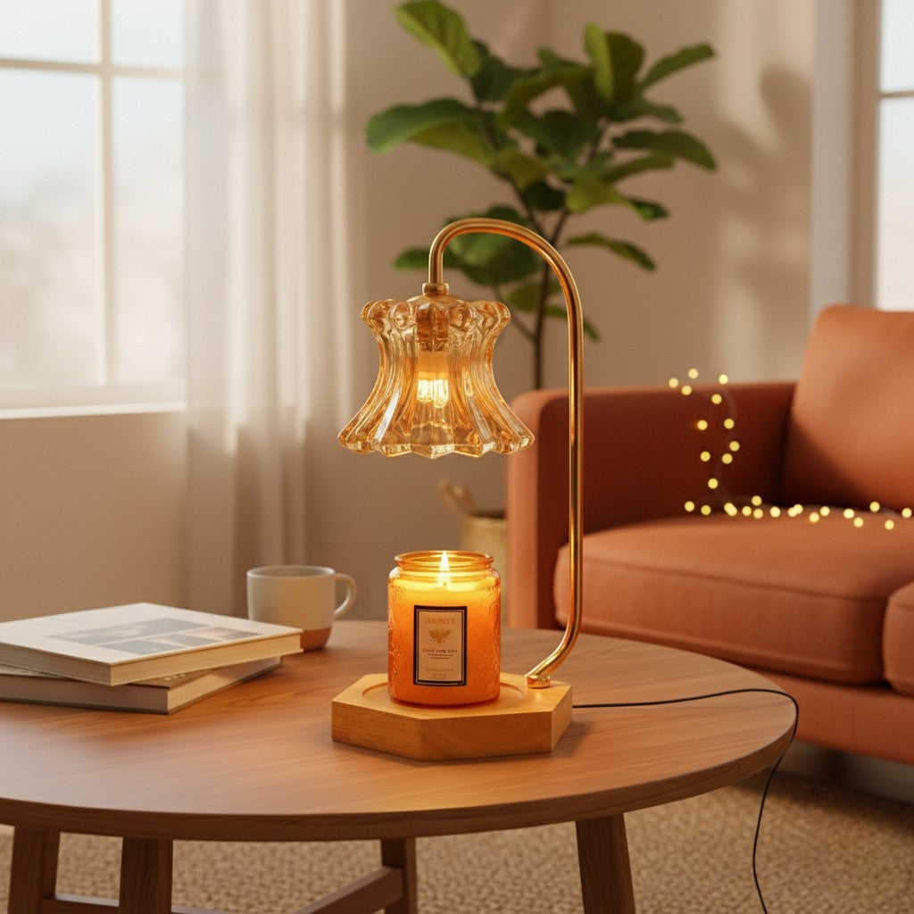 Decorative lamp with candle on a wooden table in a cozy living room.