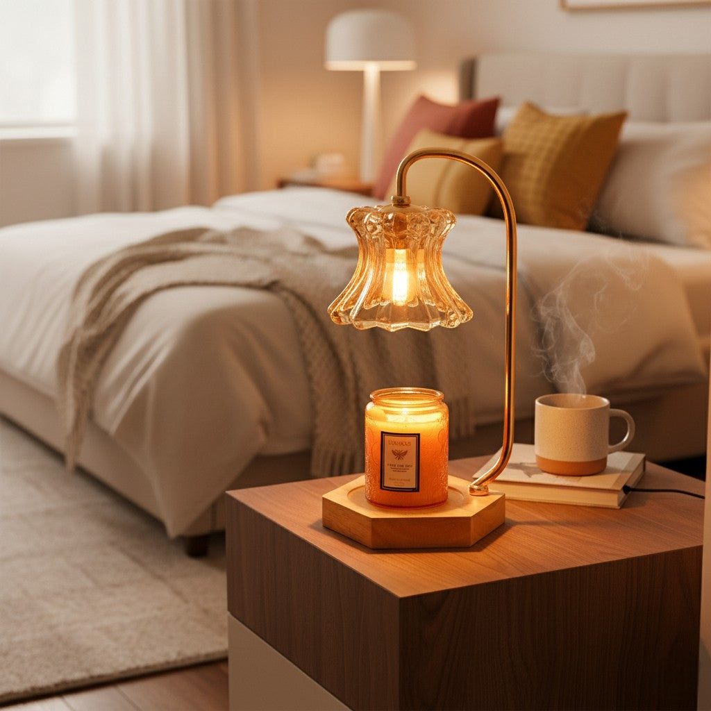 Decorative lamp with a lit candle on a wooden table in a bedroom setting.