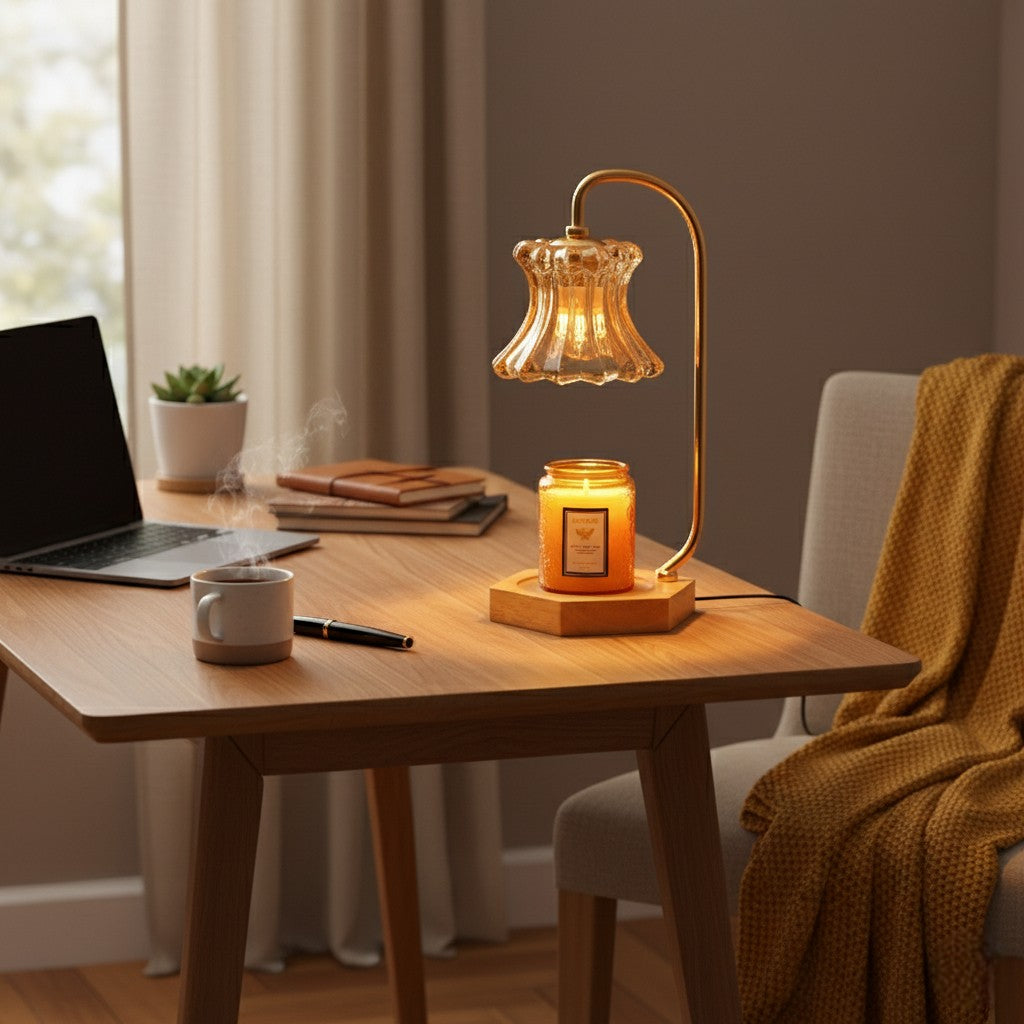 Laptop on a wooden table with a lit candle and lamp, cozy indoor setting.