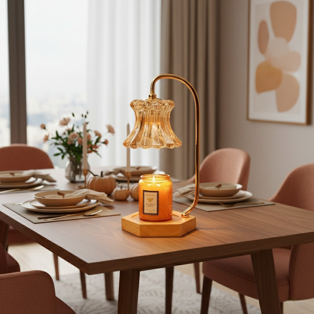 Decorative table lamp with a candle on a dining table in a cozy room.