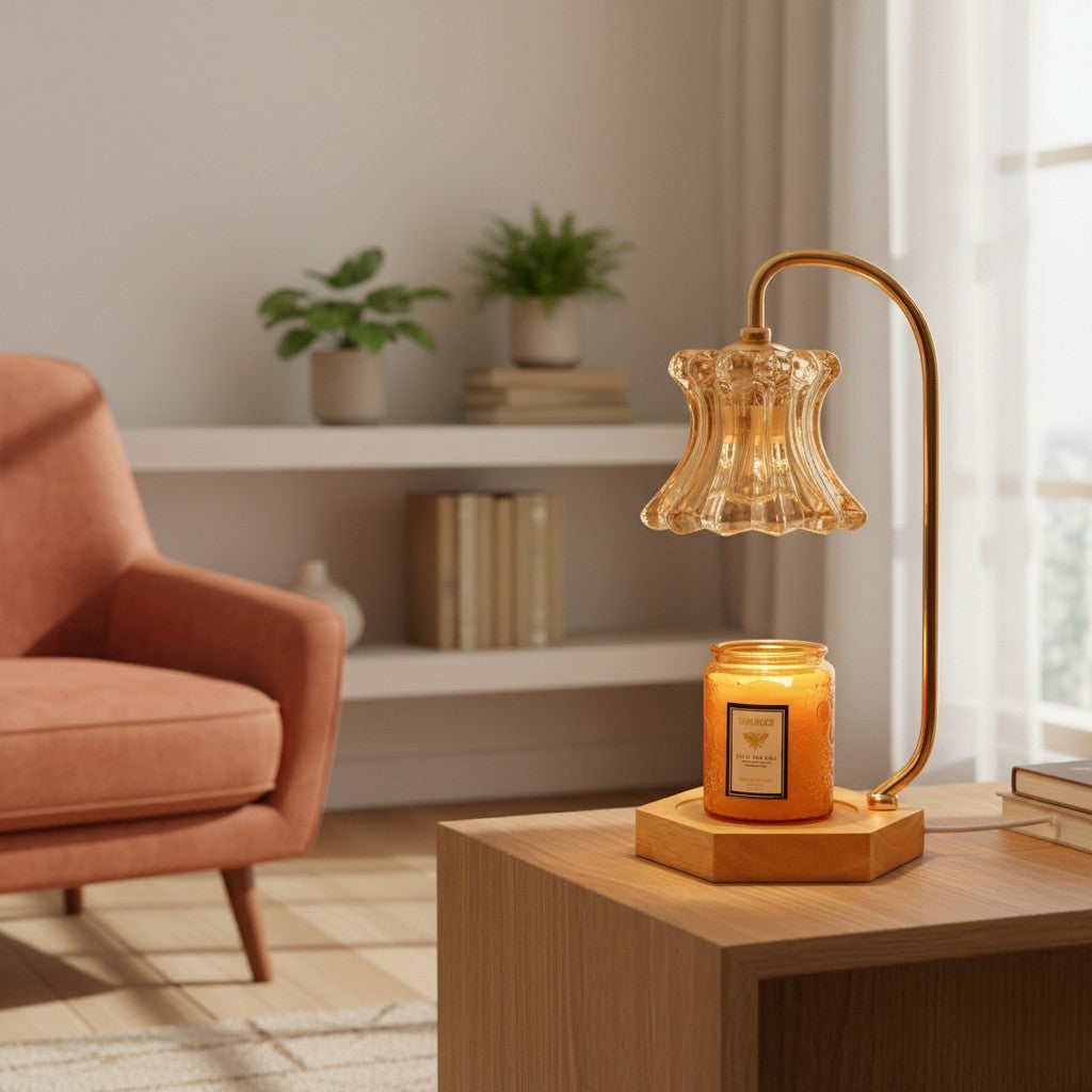 Decorative lamp with a candle on a wooden table in a cozy living room.