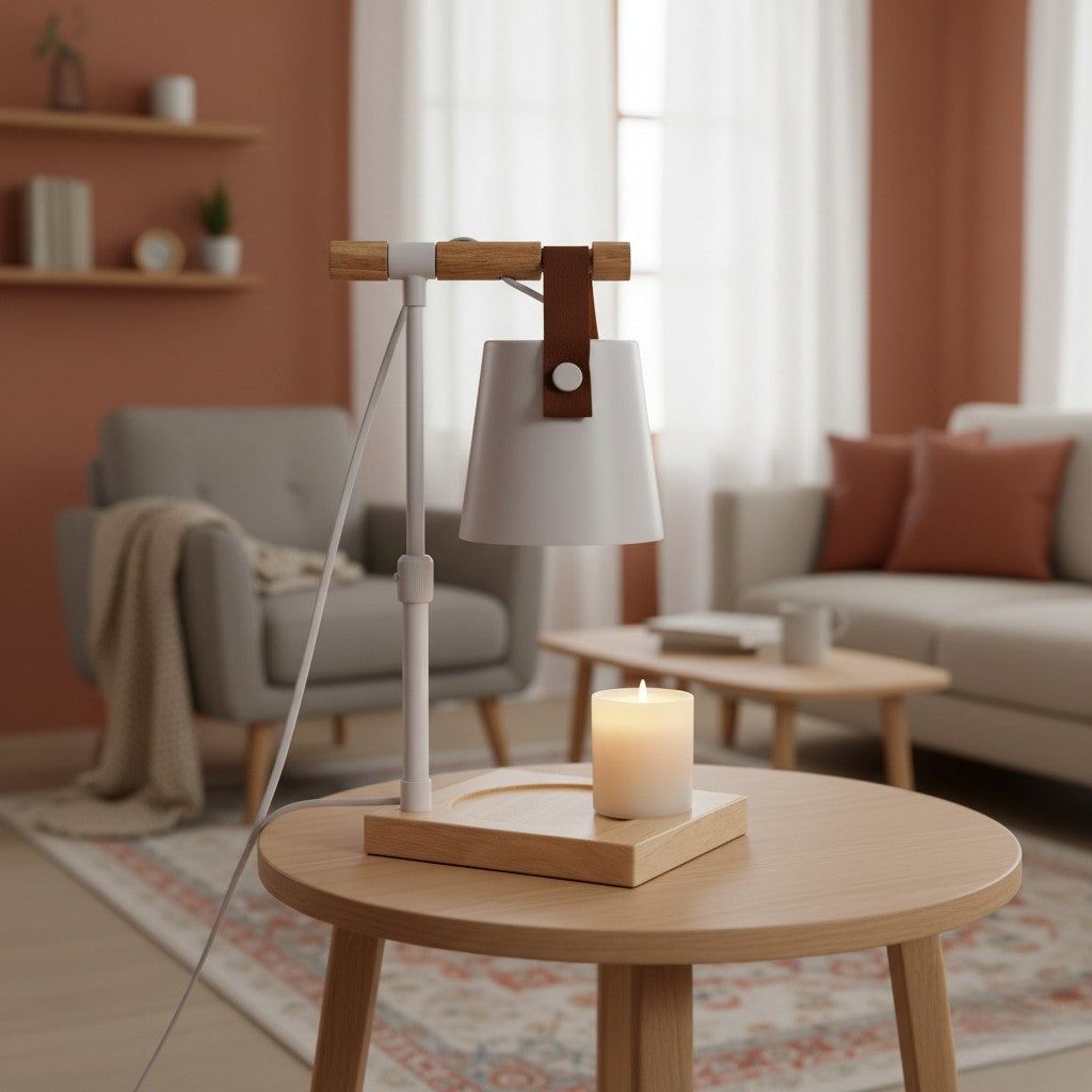 Modern lamp on a wooden table in a cozy living room