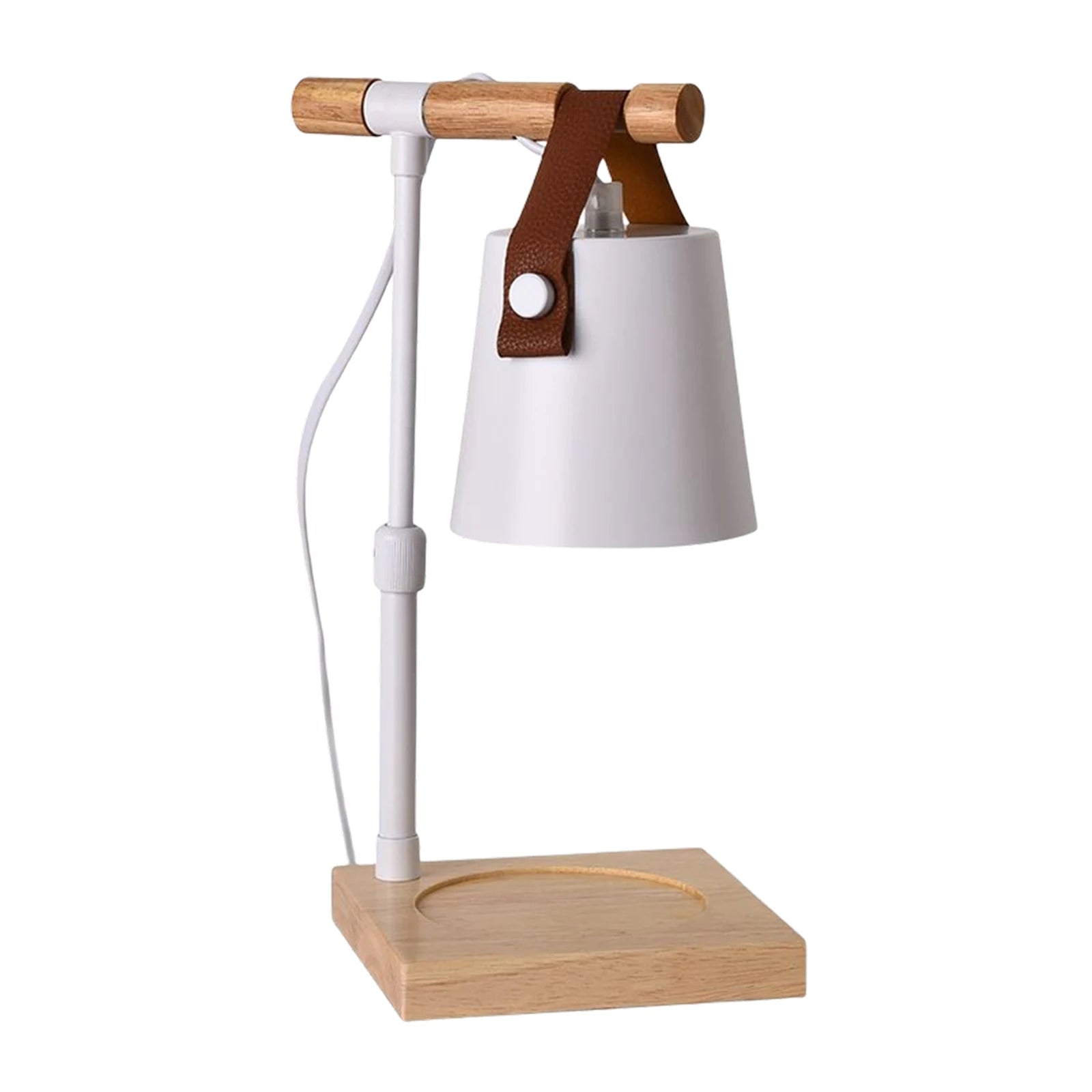 Table lamp with white shade, wooden base, and leather strap on a white background