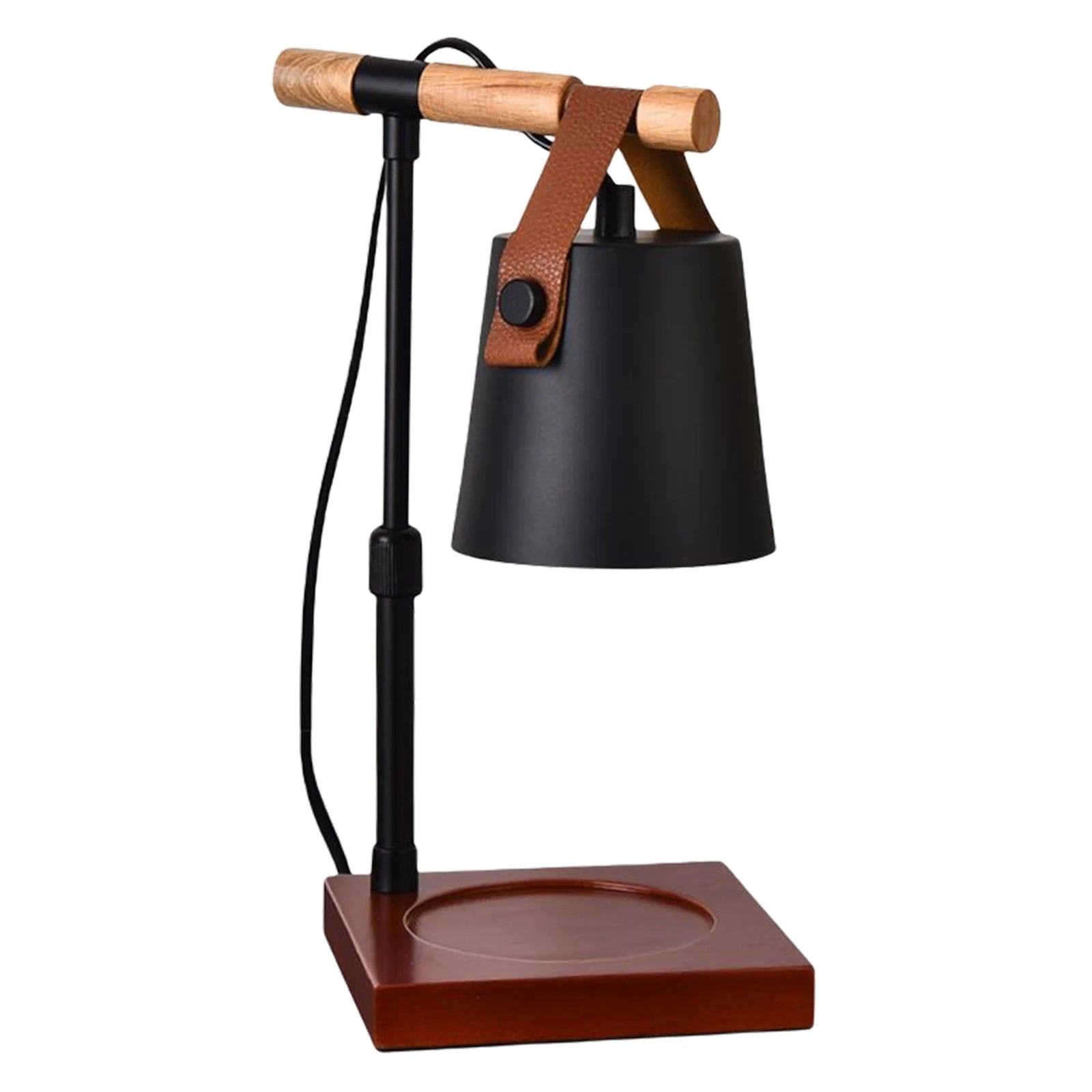 Black lamp with wooden base and leather strap on a white background