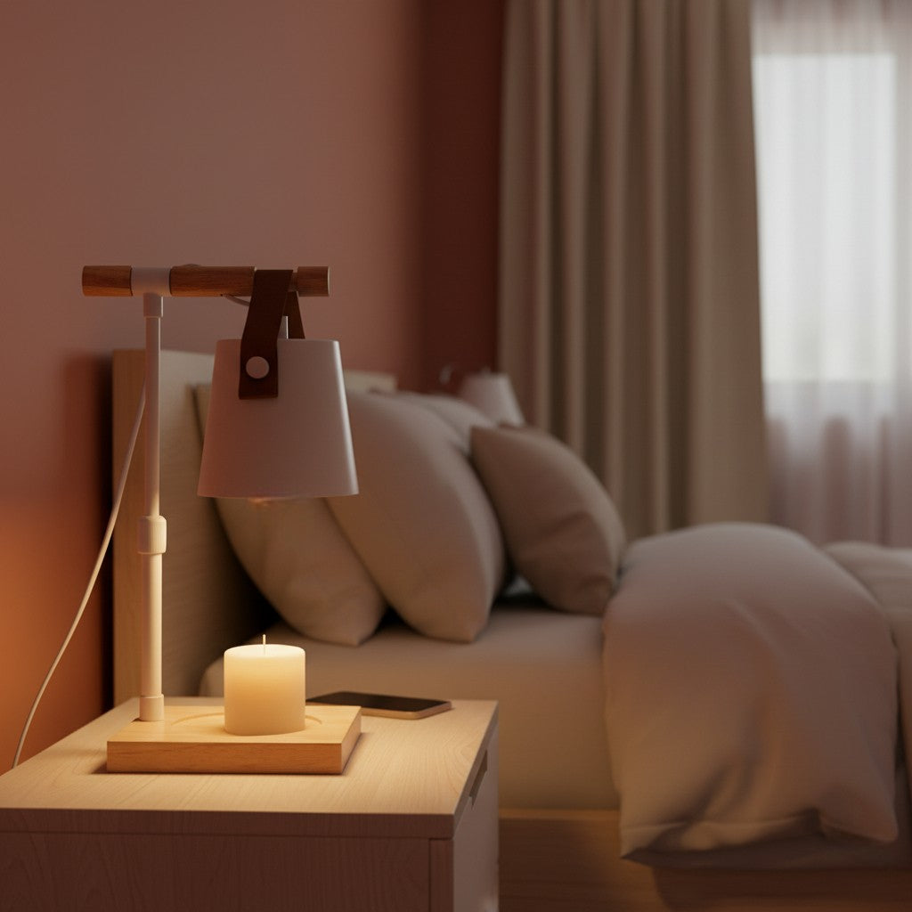 Lamp and candle on a nightstand next to a bed with pillows