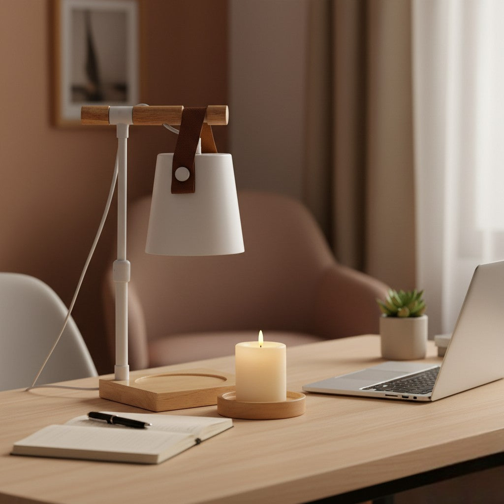 Desk setup with a lamp, laptop, notebook, pen, and candle in a cozy room.