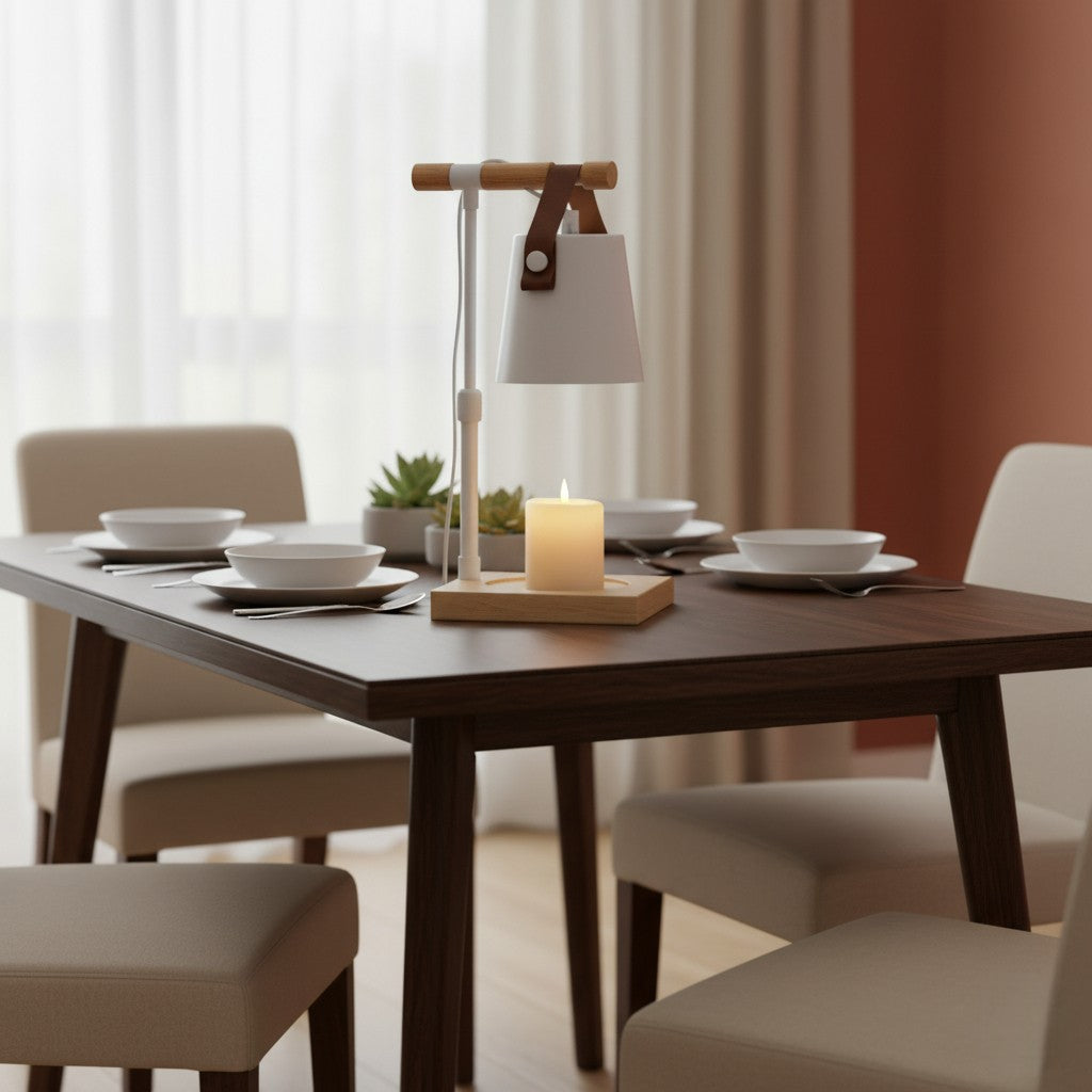 Dining table set with a lamp and candle in a softly lit room