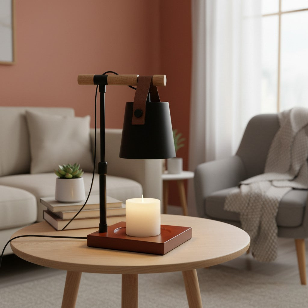 Modern black desk lamp on a wooden table in a cozy living room.