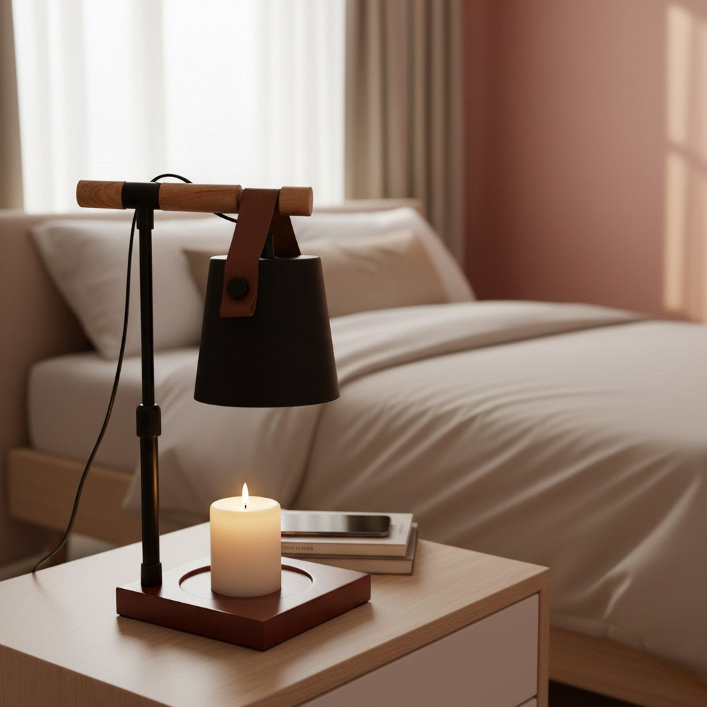 Black lamp with wooden base on a nightstand next to a lit candle and book in a bedroom.