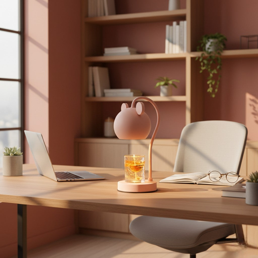 Modern office desk with laptop, lamp, and glass of tea in a cozy room.