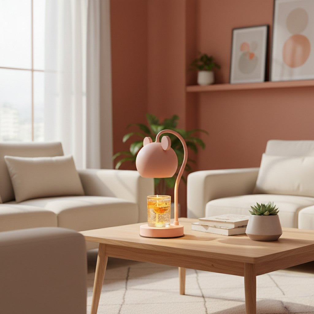 Pink lamp on a wooden coffee table in a living room with beige sofas and a plant.