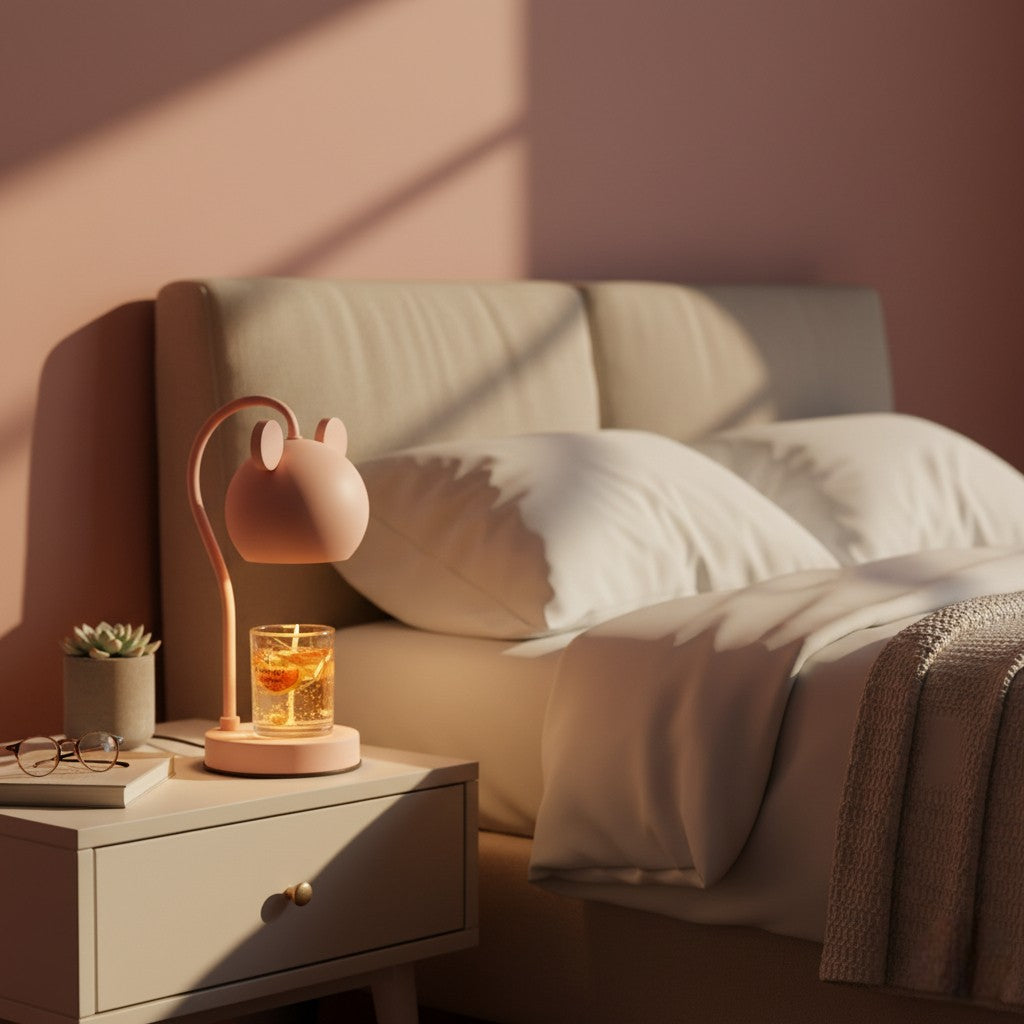 Pink lamp on a nightstand next to a bed with pillows and a blanket.