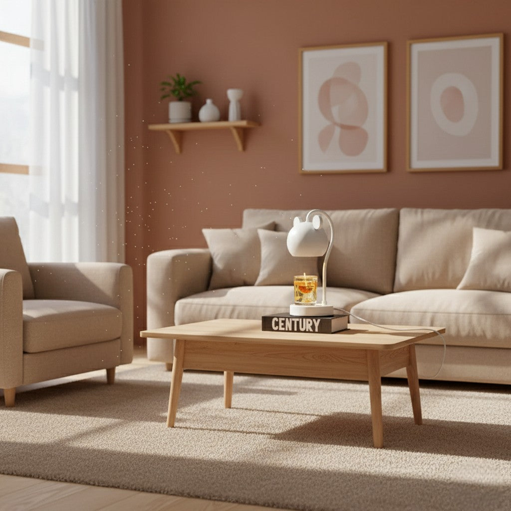 Living room with beige sofa, armchair, and wooden coffee table.